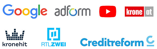 Logos renommierter Medienpartner von FirmenABC: Google, Adform, YouTube, krone.at, kronehit, RTLZWEI, Creditreform